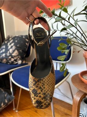 No. 6 Brown/Black Snake-Print Slingback Pump.